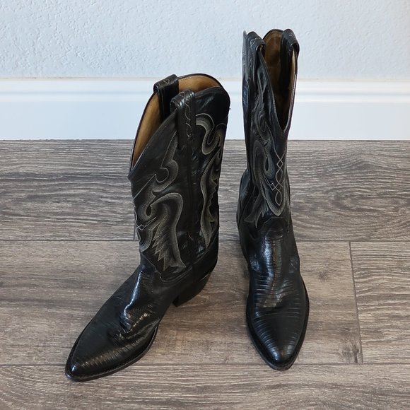 Tony Lama Other - Tony Lama Lizard Skin Cowboy Boots Vintage Black Label Black Boots Mens